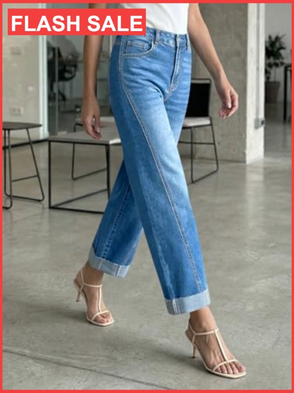 High Waisted Cropped Straight Wide Leg Cuffed Boyfriend Jeans - Picture 3 of 7